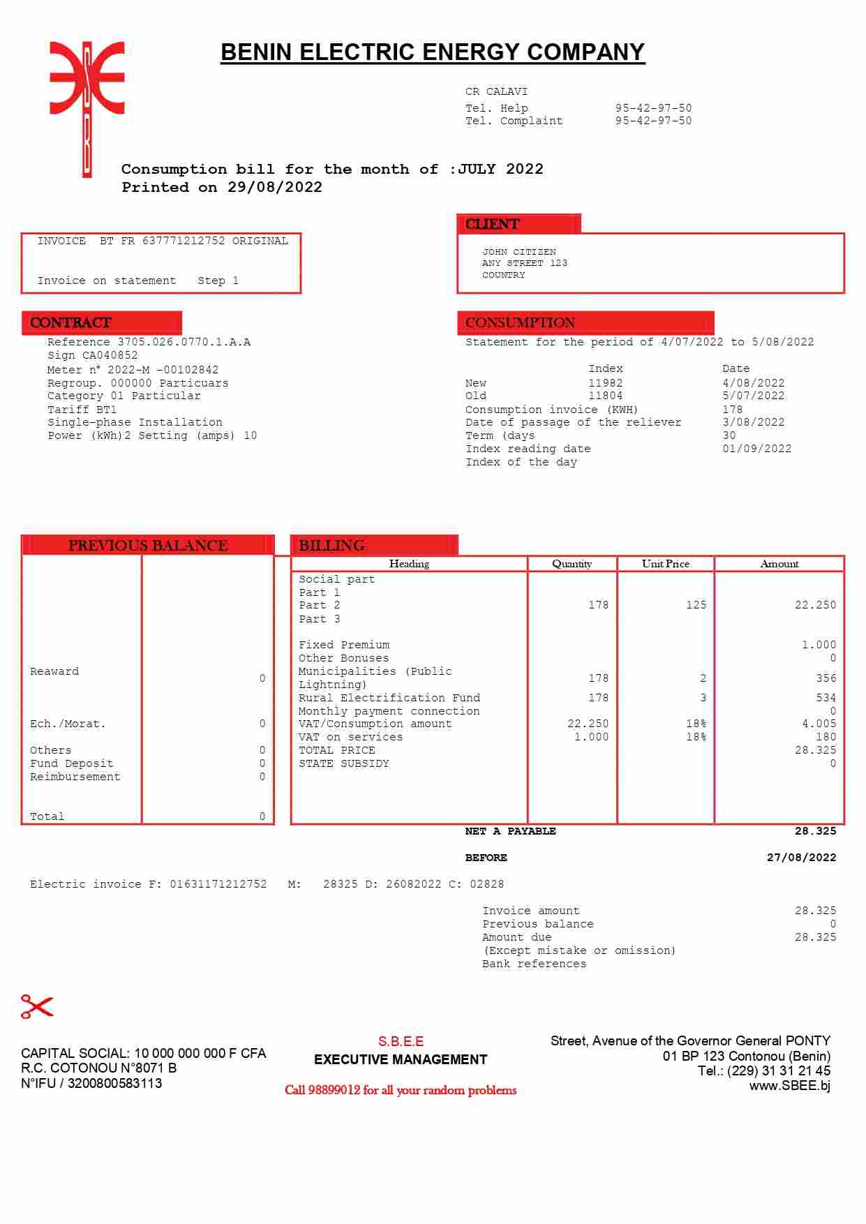 Benin Electric Company Word and PDF utility bill template